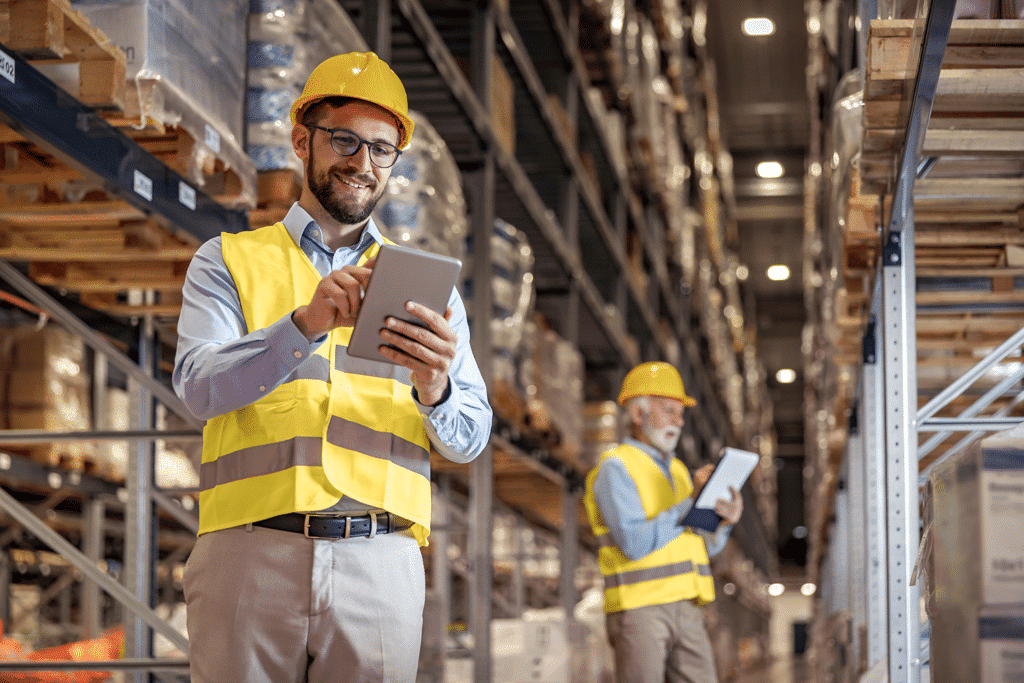 man in warehouse signs on iPad